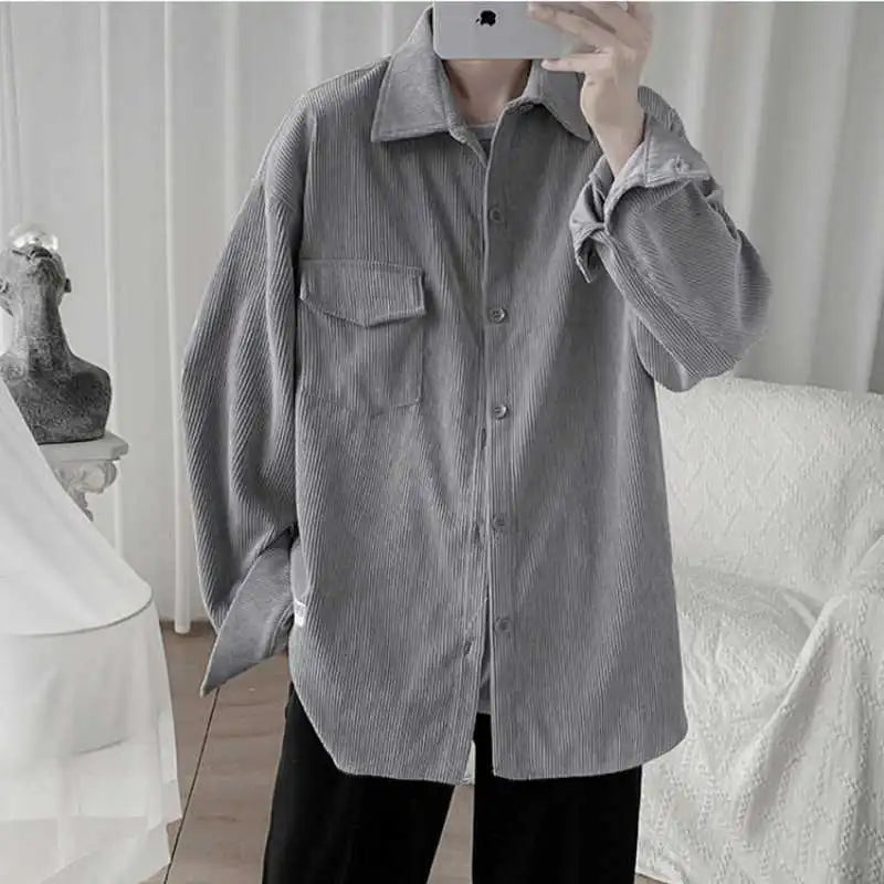 sanyamk Corduroy Men's Autumn Spring Korean Loose Japanese Long-sleeved Shirt Turn-down Collar Top Retro Baseball Tops