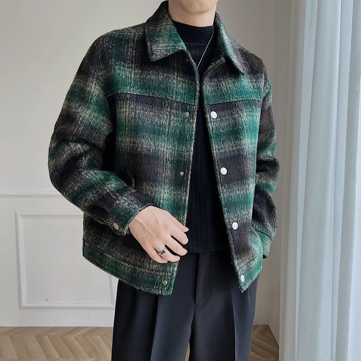 Bonsir Autumn Winter Wool Blends Men Plaid Single Breasted Vintage College Woolen Coats Oversize Casual Streetwear BF Fashion Coat Y42