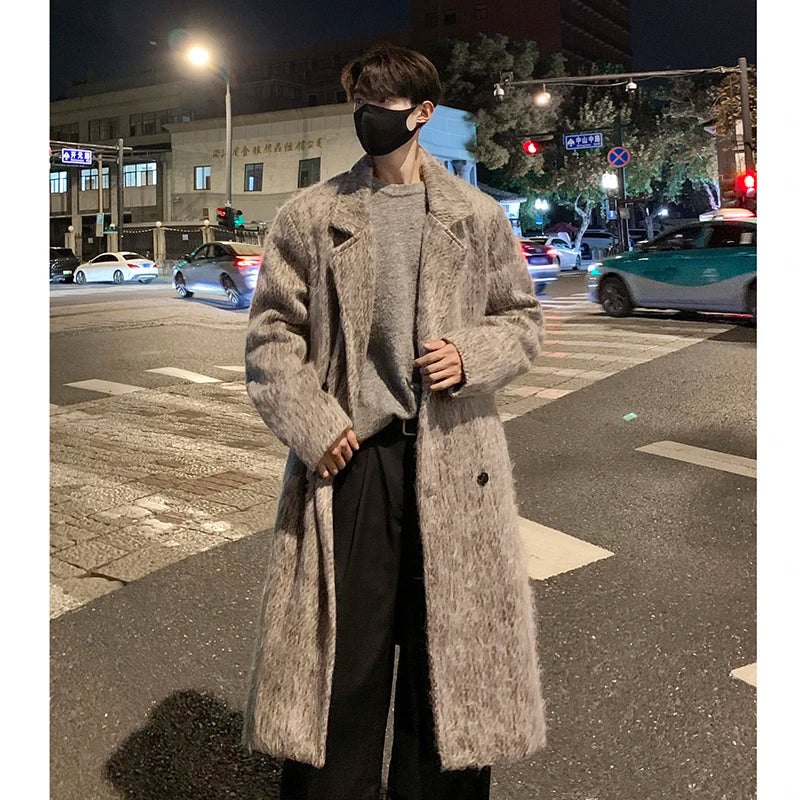 sanyamk Korean Style Medium-length Men's Trench Autumn Winter High Quality Loose Casual Woolen Coat Trendy Overcoat Khaki/Dark Gray