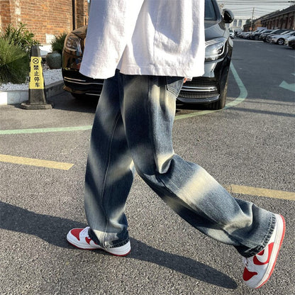 sanyamk Fashion Brand Men's Tie-dyed Jeans College Students Hip-hop Dance Y2k Loose Straight Pants Women's Baggy Blue Jeans