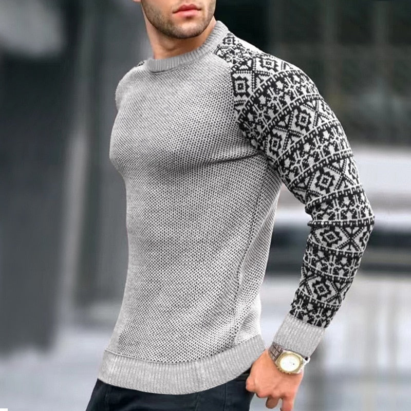 Bonsir Vintage Pattern Patchwork Long Sleeve Sweater Men Autumn Fashion Crew Neck Knitted Tops Pullover Mens Casual Slim Knit Sweaters