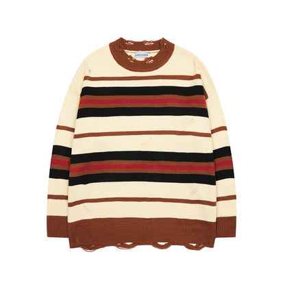 Bonsir Ripped Bottom Color Match Striped Pullover Men's Sweaters Harajuku Retro Streetwear Oversized Couple Knitted Winter Clothes