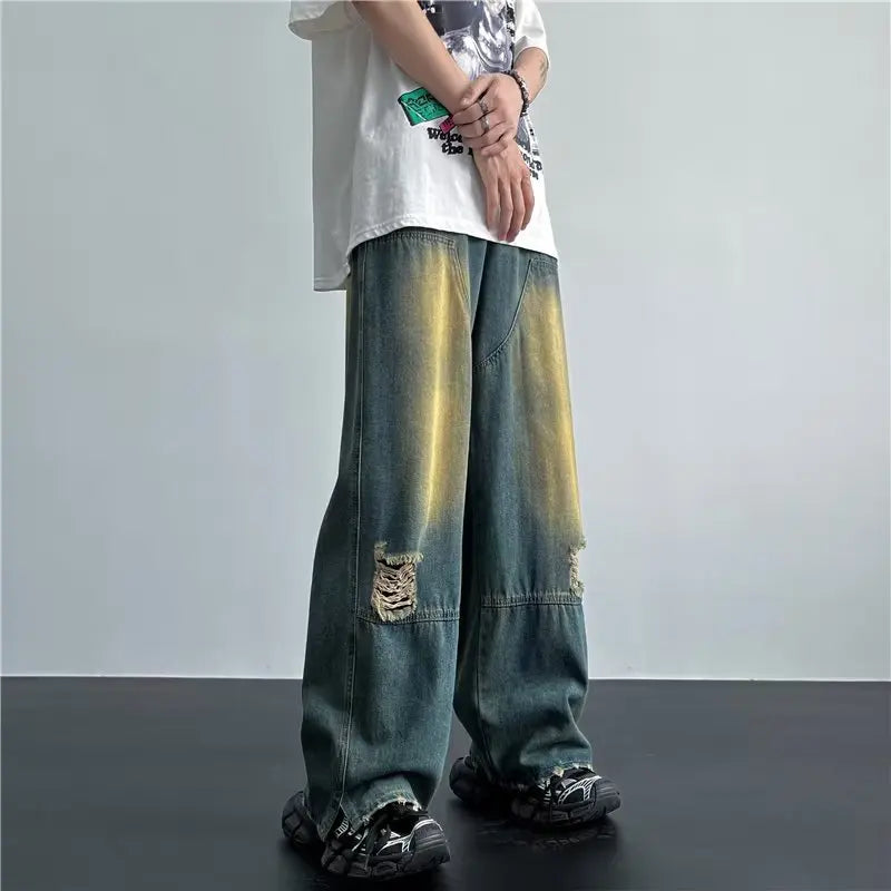 sanyamk New Streetwear Patchwork Jeans Cargo Pants Loose Plus Size Neutral Wide Leg Pants Harajuku Casual Denim Pants Men Clothing Y2K