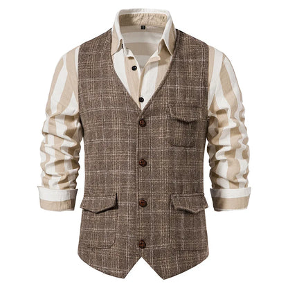 sanyamk Men's Suit Vest Single Breasted Retro Tweed Amikaki Plaid Business Daily Casual Vest