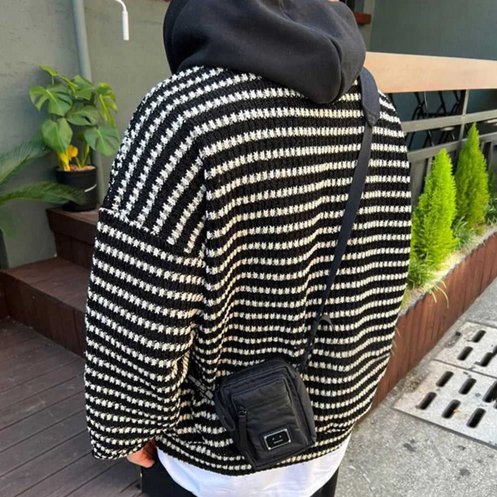 sanyamk Autumn Y2k Street Long Sleeve Hoodie Men Striped Knit Hooded Outerwear American Casual Hooded Pullover Tops Loose Unisex Sweater