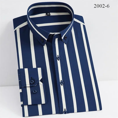 sanyamk Men Spring Summer Comfortable Vertical Striped Strech Mens Dress Shirts Long Sleeve Soft Business Work Shirt  No Pocket Male