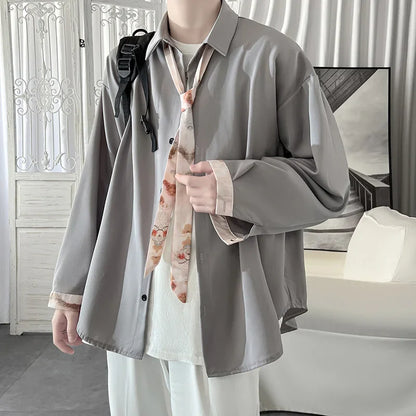 sanyamk Korean Fashion Stylish Long Sleeve Blouses Men Streetwear All-match Handsome Teens Shirt Autumn New Retro Oversize Shirts