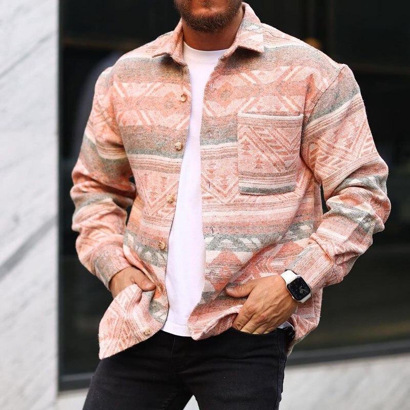 Bonsir Fall Mens Fashion Plaid Printed Shirt Jackets Long Sleeve Turndown Collar Buttoned Outerwear Men Casual Loose Coats Streetwear