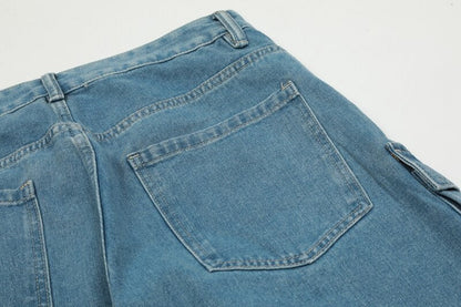 sanyamk Harajuku Solid Color Washed Blue Jeans Pants Men and Women Straight Streetwear Pockets Distressed Denim Cargo Trousers Oversize