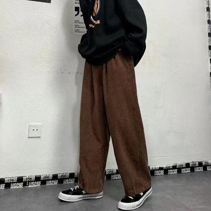 sanyamk Men's Korean Style Retro Trend Sweatpants Corduroy Fabric Solid Color Straight Casual Pants Loose Brown Color Trousers