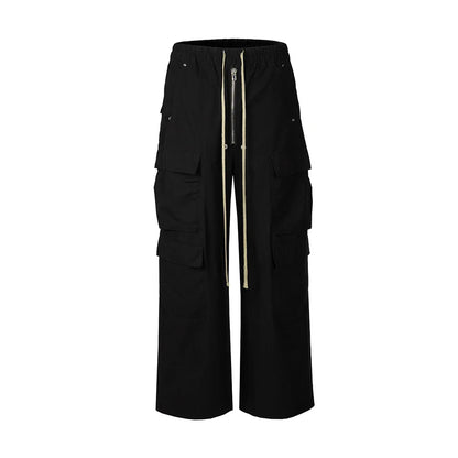 Bonsir Wide Leg Drawstring Black Cargo Pants Unisex Straight Baggy Casual Overalls Men's Streetwear Loose Oversized Trousers