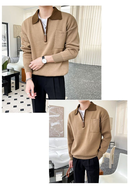 sanyamk Autumn New Knitted Sweater Men Business Casual Patchwork Polo Lapel Zipper Sweater Harajuku Mens Loose Japanese Pullove