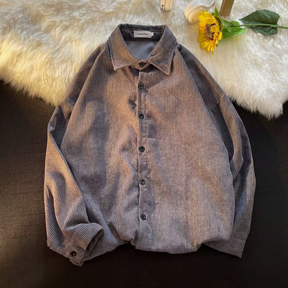 Bonsir Corduroy Long Sleeve Shirts Men's New Spring Autumn Solid Color  Men's Couples Loose Lapel Unisex Blouse