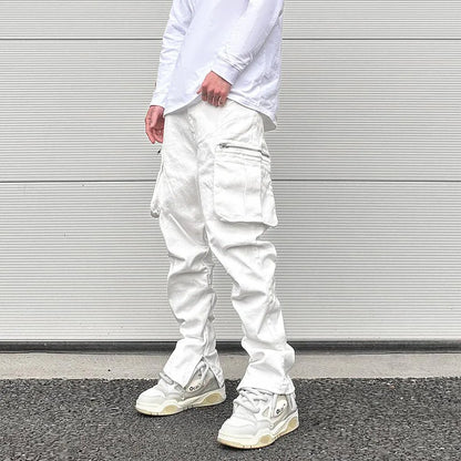 sanyamk Streetwear Retro White Black Pleated Tapered Jeans Side Pockets Zipper Hem Casual Jeans Baggy Men's Fashion Straight Denim Pants