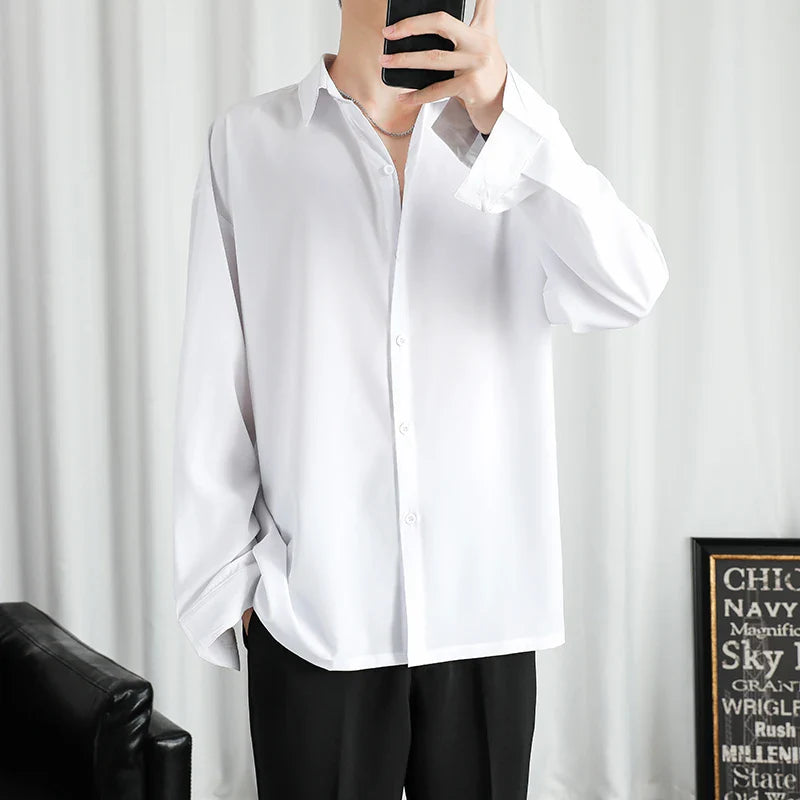 sanyamk Solid Shirt Men Black Long sleeved Shirts Men Korean Comfortable Blouses Casual Loose Classic Single Breasted Shirt