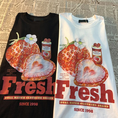 sanyamk  Fresh Strawberry American Retro Creative Printed Short Sleeved T-shirt Men Women Trendy Brand Loose Versatile Half Sleeved Shirt