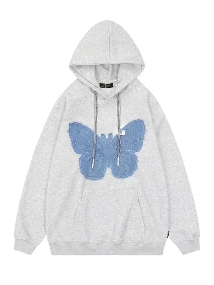 sanyamk Hiphop Vintage Butterfly Hoodie Fashion Women Denim Patch Fried Street Autumn Winter Plush Versatile Couple Sweatshirt Chic