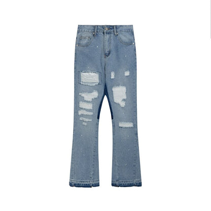 sanyamk Contrast Color Hole Ripped Distressed Blue Men's Jeans Pants Retro Streetwear Frayed Baggy Casual Flare Denim Trousers Oversize