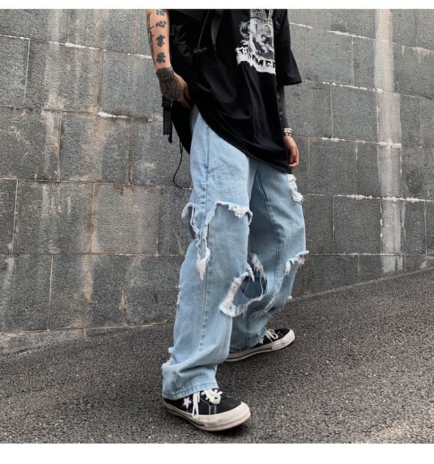 Bonsir High Street Dark Personality Destroys Raw Edge Fake Two Trendy Jeans Ripped Harajuku Punk Wide-leg Straight Denim Pants Black