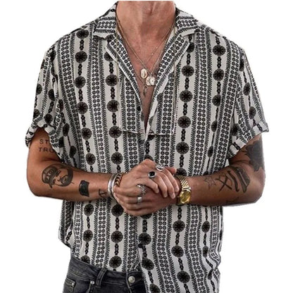 sanyamk Suliamacoxy 2024 Loose Lapel Short-sleeved Men's Casual Shirt 4 Way Stretch Printed Ethnic Style Retro Summer Clothing for Men