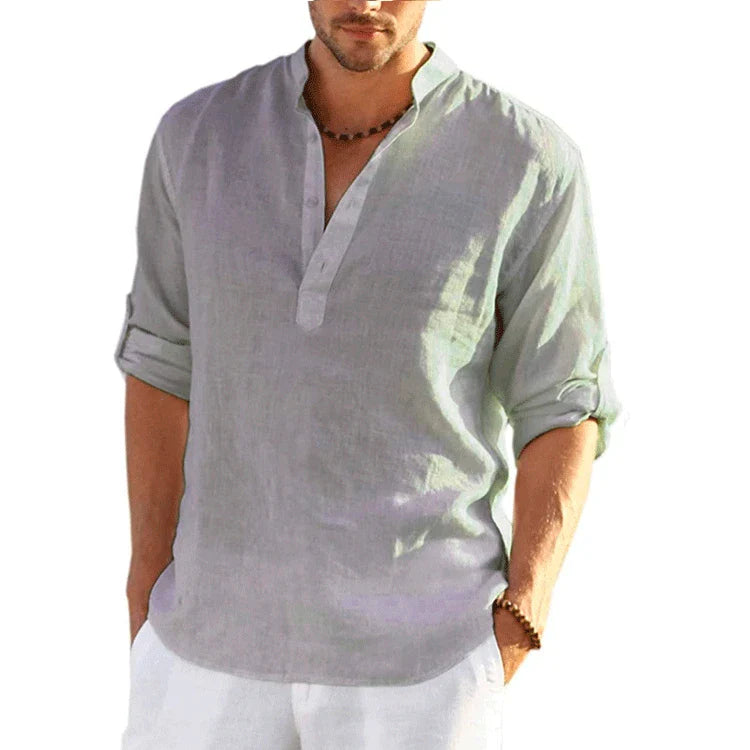 sanyamk Summer New Cotton And Linen Stand-Up Collar Buckle Half Placket Simple Short-Sleeved Shirt Men'S Loose Top Handsome T-Shirt