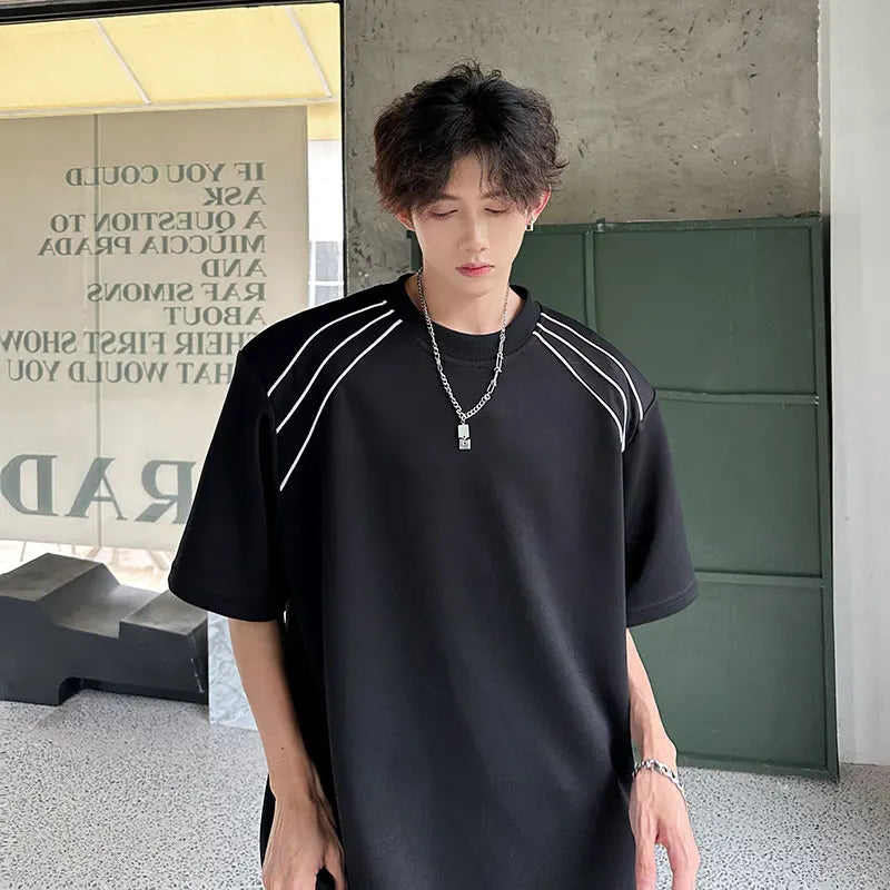 sanyamk  -  Men T-shirt Striped Shoulder Pad Short Sleeve Tee Fashion Oversized t-shirts for men Korean Style Hip Hop Clothes Black White