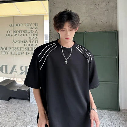 sanyamk  -  Men T-shirt Striped Shoulder Pad Short Sleeve Tee Fashion Oversized t-shirts for men Korean Style Hip Hop Clothes Black White