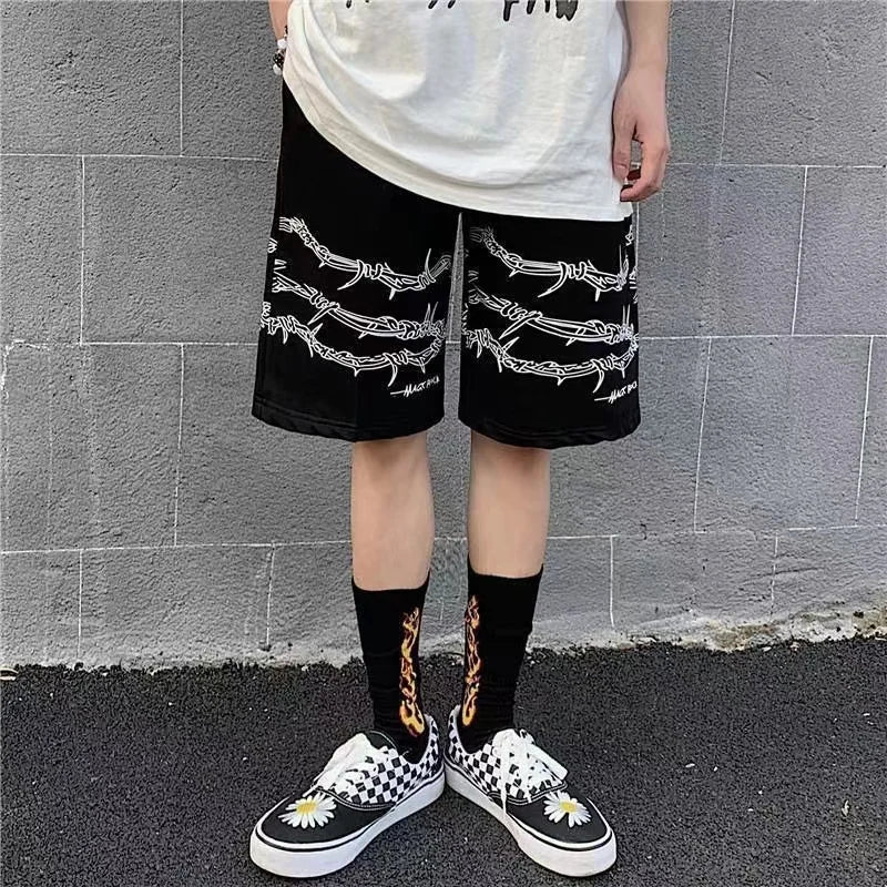 Bonsir Summer trend ins dark high street hip-hop print personality casual shorts men's elastic waist tie quick-drying pants