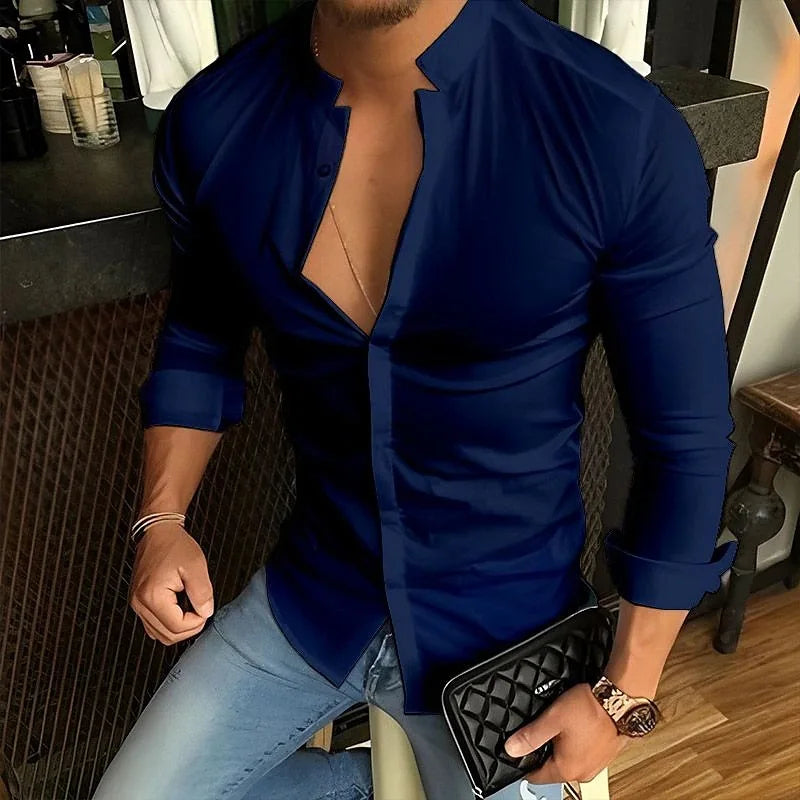 sanyamk Muscle Men's Long Sleeved Shirt Spring Summer Stand Collar Casual Top Fashion Solid Color Sweat-absorbing Breathable Shirts Male