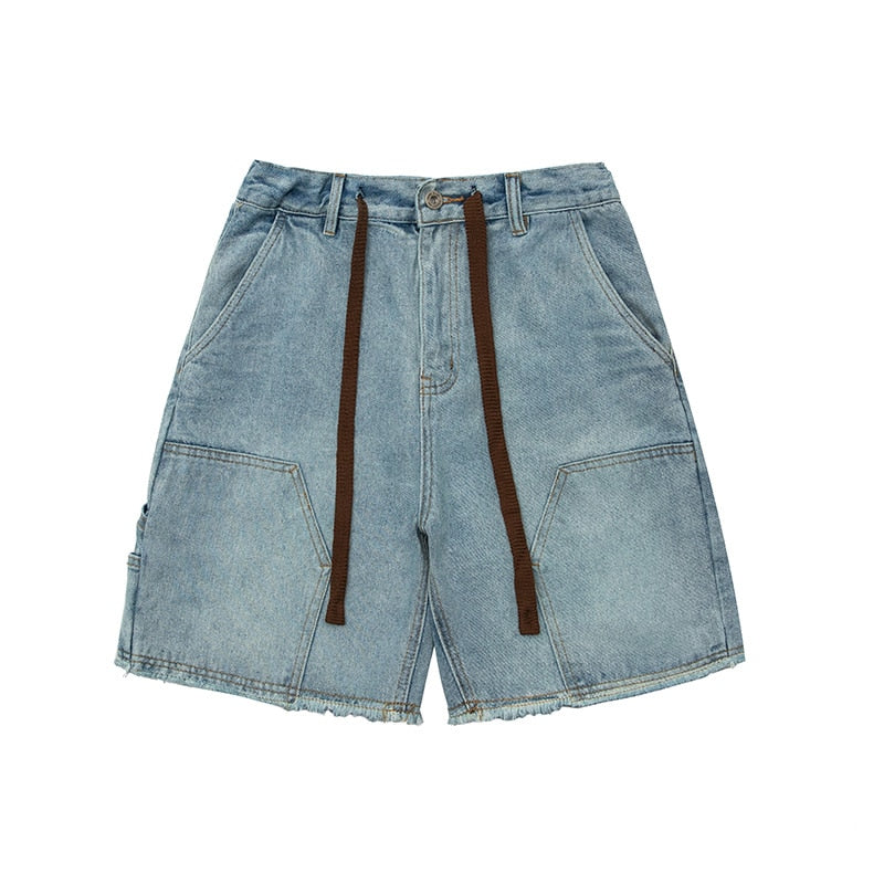 sanyamk Men Streetwear Hip Hop Fashion Loose Casual Drawstring Vintage Denim Jeans Shorts Male Japan Korean Trend Cargo Shorts Pants