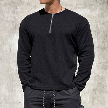 sanyamk  -  Men Clothing Casual Long Sleeve Muscle Male Pullover Simple Waffle Tops Tee t-shirt Vintage Solid Zipper Loose Gym Shirts