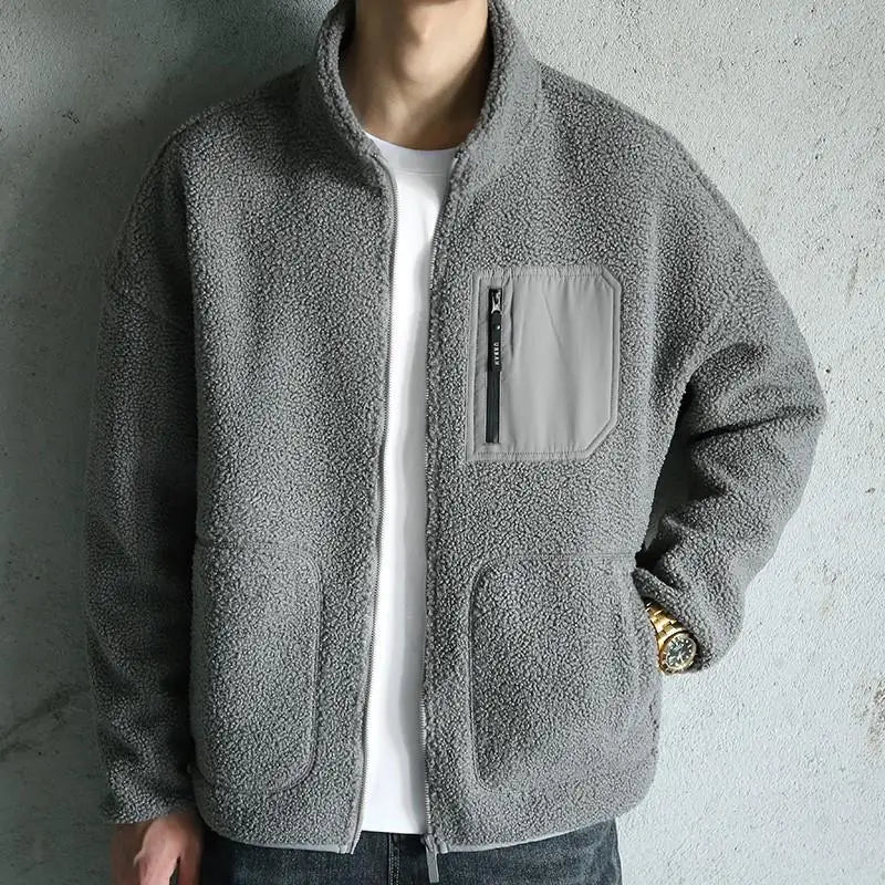 sanyamk Autumn and Winter Men's Lamb Fleece Coat with Thickened Fleece and Loose Collar Shake Fleece Versatile Cotton Coat Top