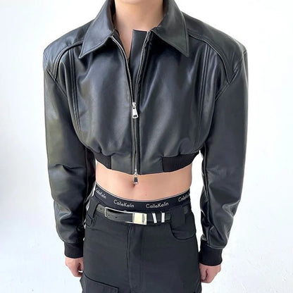 sanyamk Autumn Product Design Sense Lgbt Sexy Navel Exposed Fashion High Street High Waist Double Zipper Wide Shoulder Leather Jacket