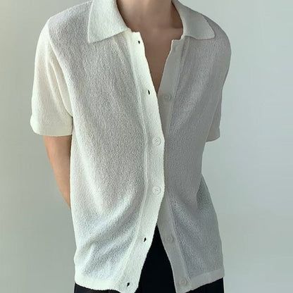 sanyamk Casual Knit Thin Shirts Men Summer Short Sleeve Turn-down Collar Buttoned Solid Shirt Leisure Mens Clothes Vintage Knitting Tops