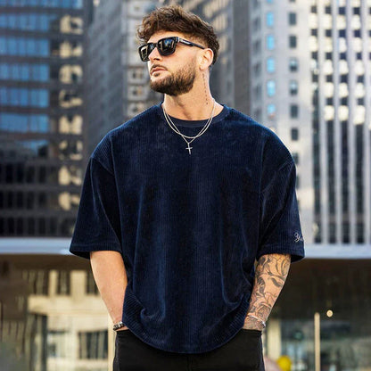 sanyamk Summer Men's Ribbed T Shirts Fashion Letter Embroidery Loose Short Sleeve Tees 2024 Streetwear Men Clothes Casual Pullover Tops