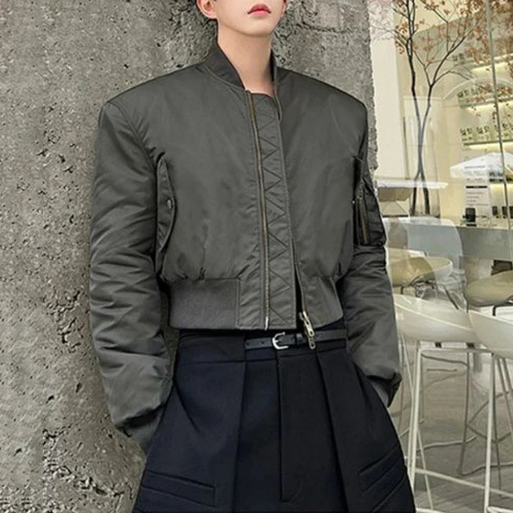 sanyamk Mens Autumn Winter Casual Solid Color Thickened Pocket Short Jacket Genderless Korean Style Retro Trend Biker Jacket Unisex