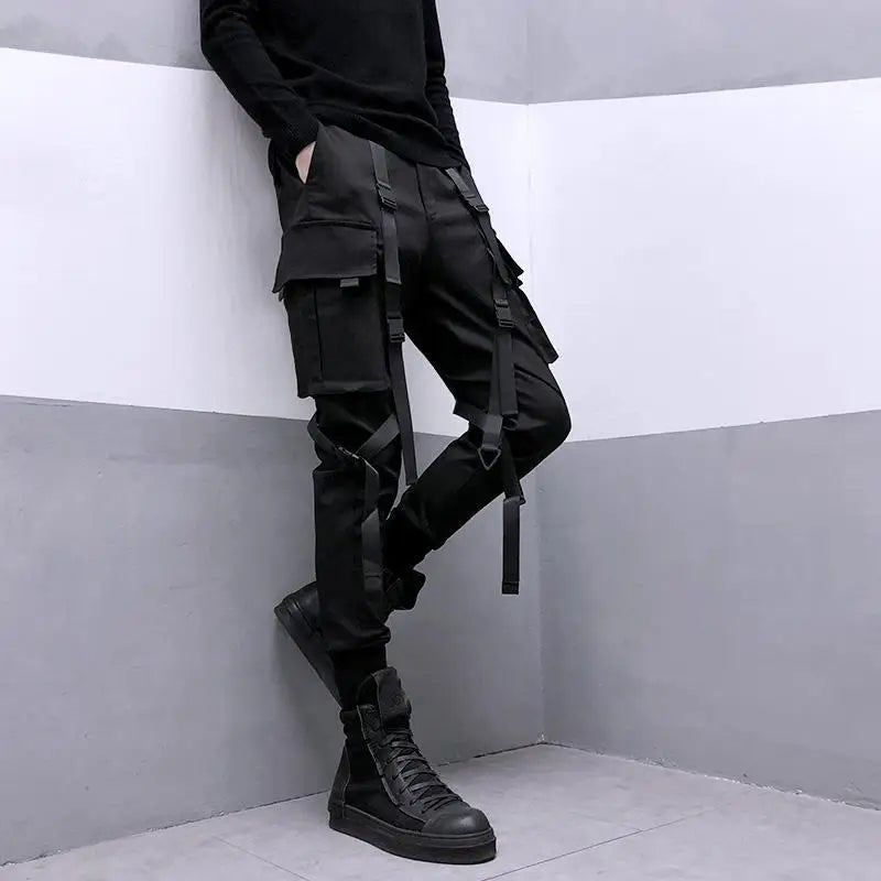 sanyamk Techwear Black Cargo Pants for Men Cargo Trousers Male Japanese Streetwear Hip Hop Spring Ribbon Pocket Harajuku Fashion