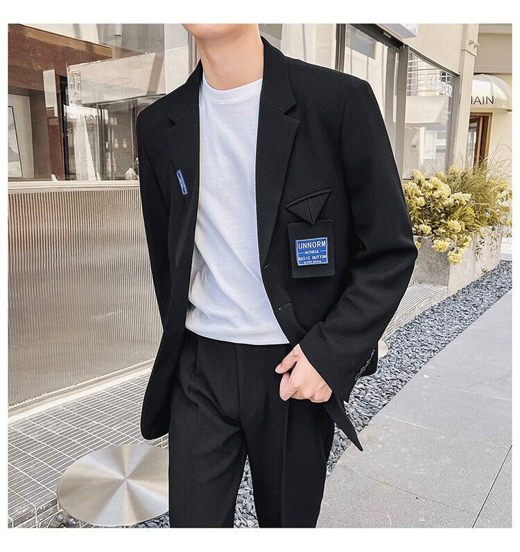 sanyamk Mens Suits Sets Jacket Pant Men Korean Streetwear Office Fashion Loose Casual Blazer Suit Jacket Pant Chic Trend Dress Suits