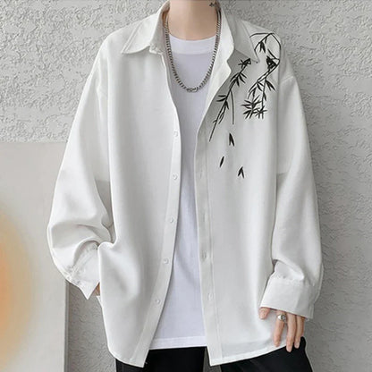 Bonsir New Chinese Style Shirts Men Embroidery Loose Advanced Handsome High Street Simple All-match Daily Spring Autumn Popular Retro