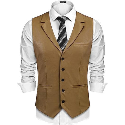 sanyamk Cowboy Leather Waistcoats Men Vintage Lapel Single Breasted PU Vest Coats Men's Clothing Fashion Button Sleeveless Jackets Fall