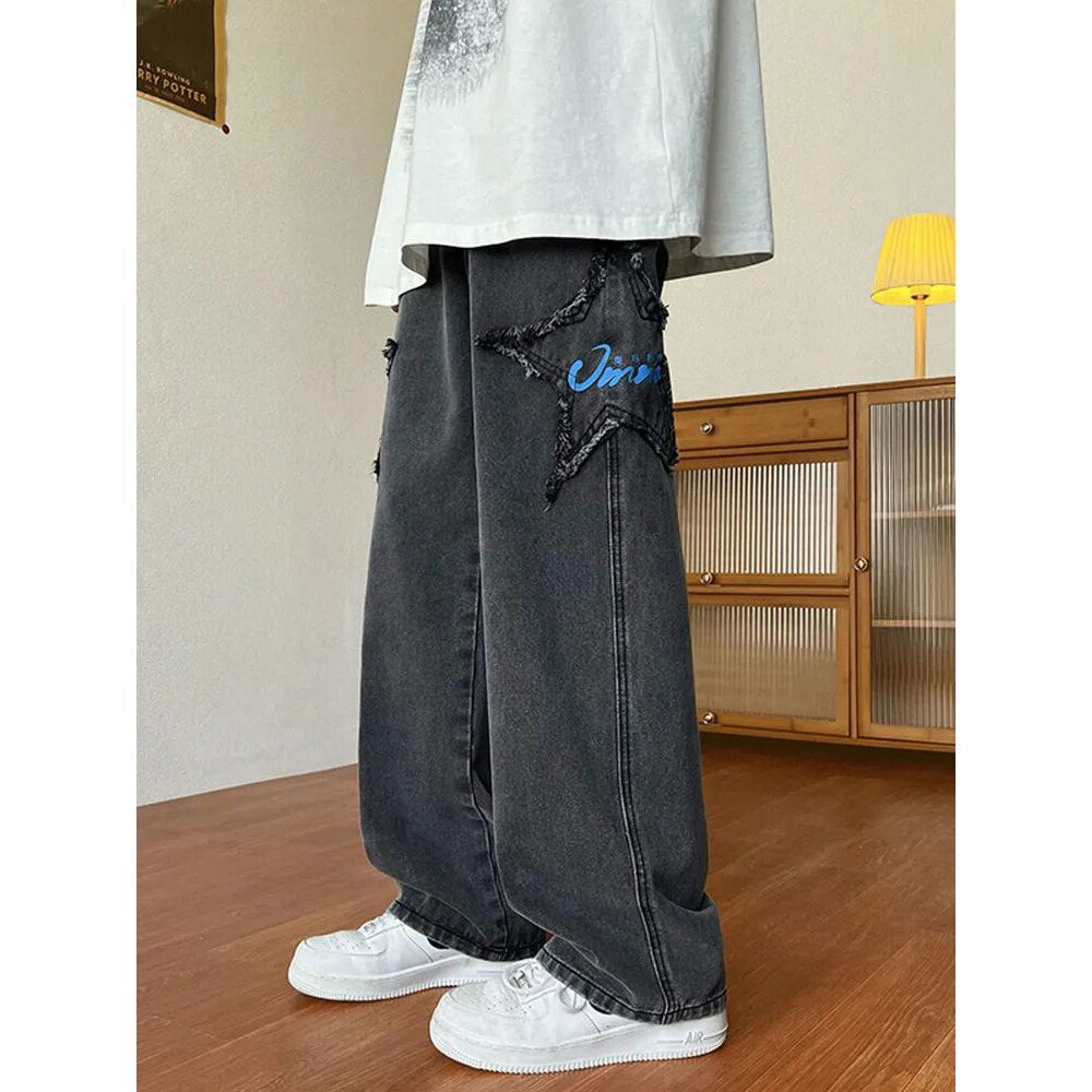 sanyamk High Street Star Embroidered Jeans Men Retro Washed Patch Loose Wide Leg Pants American Casual Loose Straight Y2K Pants