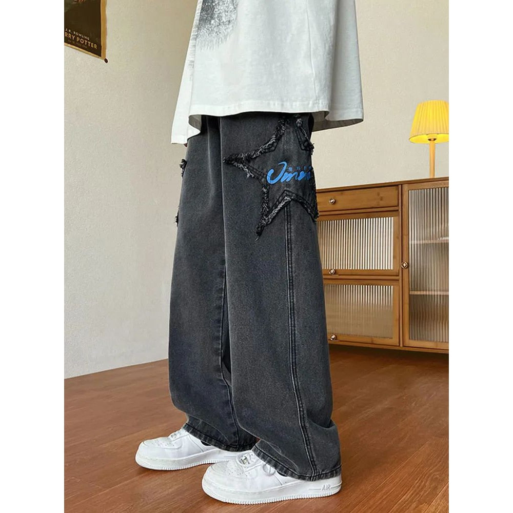 Bonsir High Street Star Embroidered Jeans Men Retro Washed Patch Loose Wide Leg Pants American Casual Loose Straight Y2K Pants