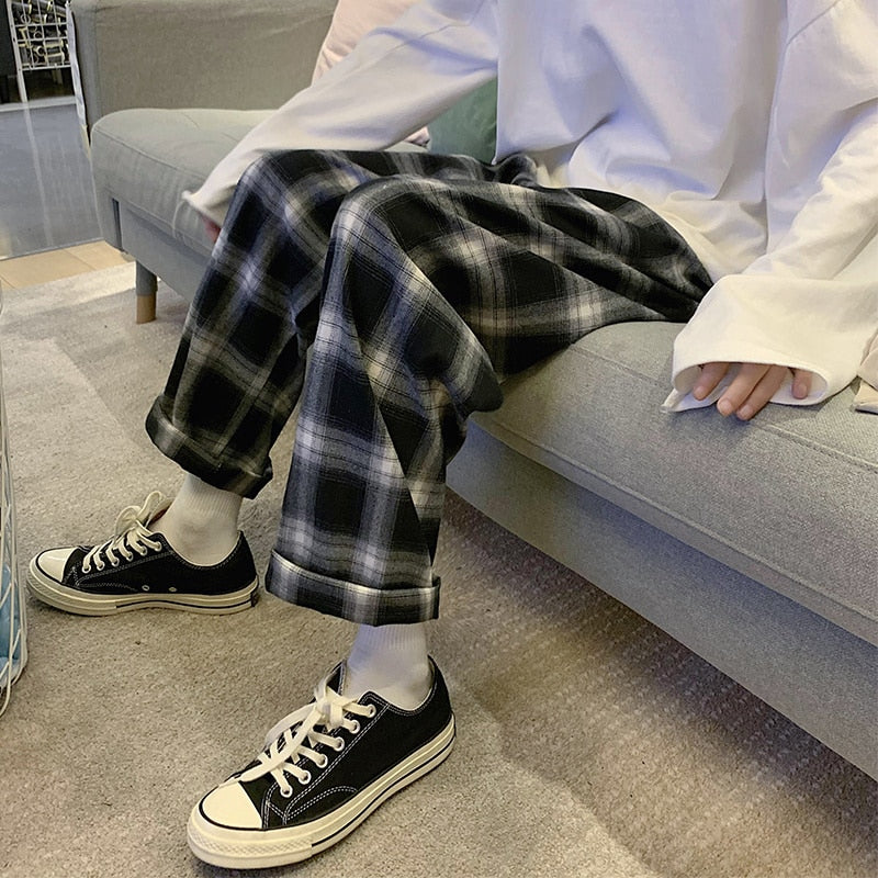 sanyamk Spring Plaid Pants Men Fashion Retro Wide Legs Casual Pants Men Streetwear Loose Hip Hop Straight Pants Mens Trousers S-2XL