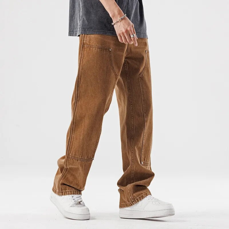 sanyamk New Loose Brown Jeans for Mens Straight Personalized Pocket Decorative Pants for Spring and Summer