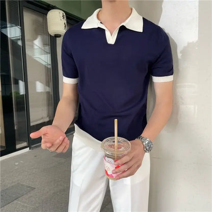 sanyamk Summer Lapel Breathable Short Sleeve Temperament Men's Clothing Slim Korean Version Solid Color Trend Knitted POLO Shirt