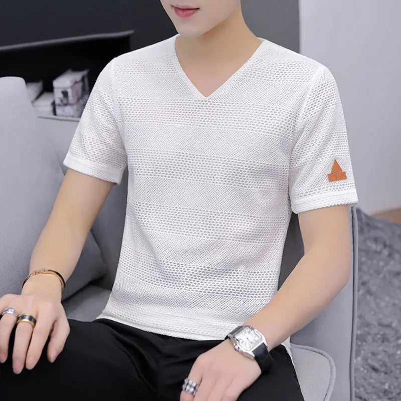 sanyamk Summer Fashion Casual Hollow Out T-shirts Man Short Sleeve Korean Style Tops All Match Pullover V Neck Oversized Male Clothes