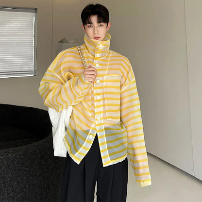 sanyamk 2024 Spring Summer Stylish Loose Stripe Translucent Design Casual Shirt Jacket Men's Sunscreen Clothes Tops Beach