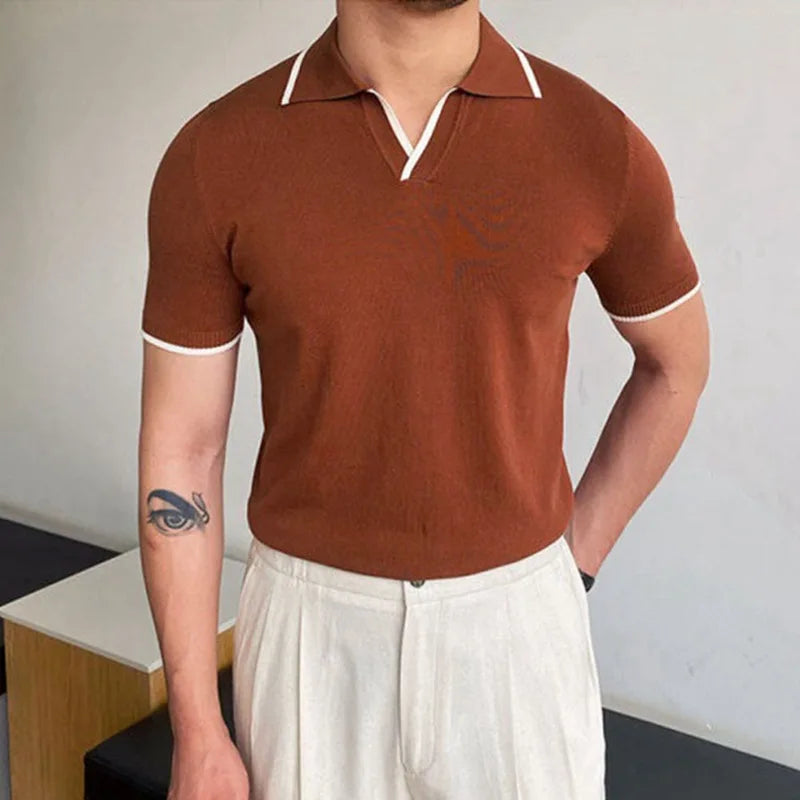 sanyamk Summer Clothing Men's Luxury Knitted Short Sleeve Polo Shirt Casual Lapel V Neck Solid Color Breathable Fashion Leisure Knitwear