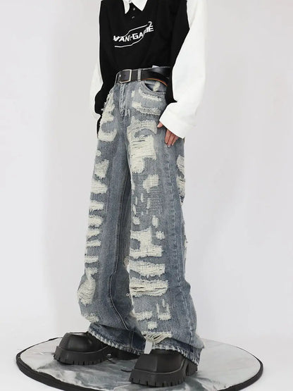 sanyamk Hip Hop Ripped Jeans Men High Street Male Distressed Denim Wide Leg Pants Casual Trousers Vintage Streetwear Loose