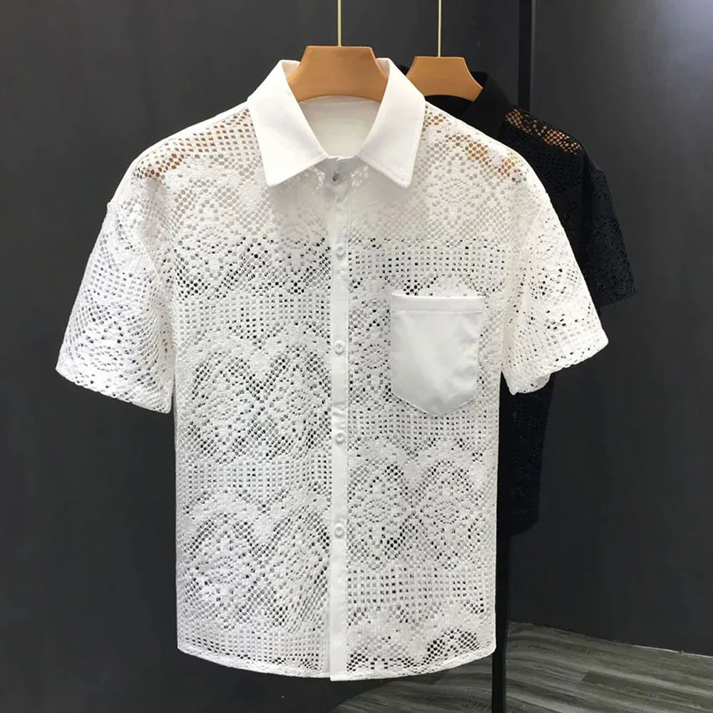 sanyamk Mens Hollow Sexy Lace Short Sleeve Casual Shirt See-Through 2024 New Genderless Fashion Versatile Youth Trend Retro Shirt Unisex